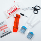 Basic bleeding control kit comes with a CAT Tourniquet, 6" pressure bandage, two rolls of sterile gauze, one trauma shear, two pair nitrile gloves, a sharpie and bleeding control instructions.