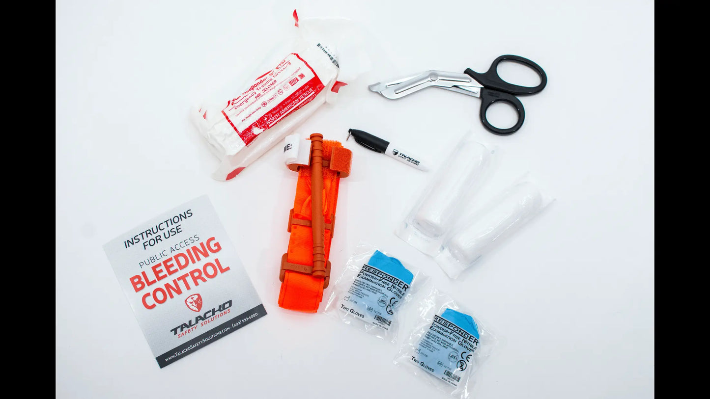 Basic bleeding control kit comes with a CAT Tourniquet, 6" pressure bandage, two rolls of sterile gauze, one trauma shear, two pair nitrile gloves, a sharpie and bleeding control instructions.