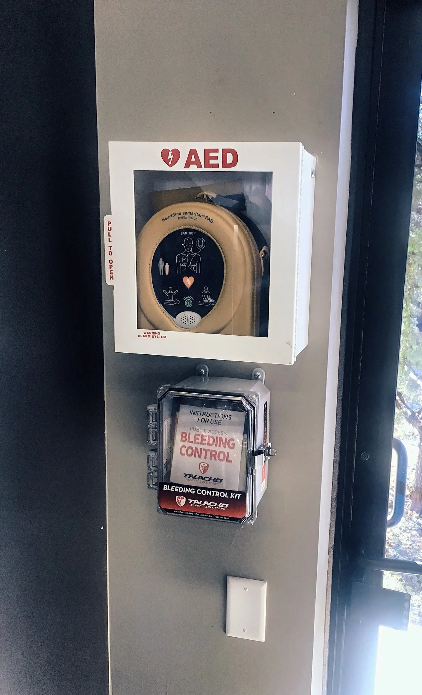 Public access bleeding control kits are often placed next to AED's in public facilities.