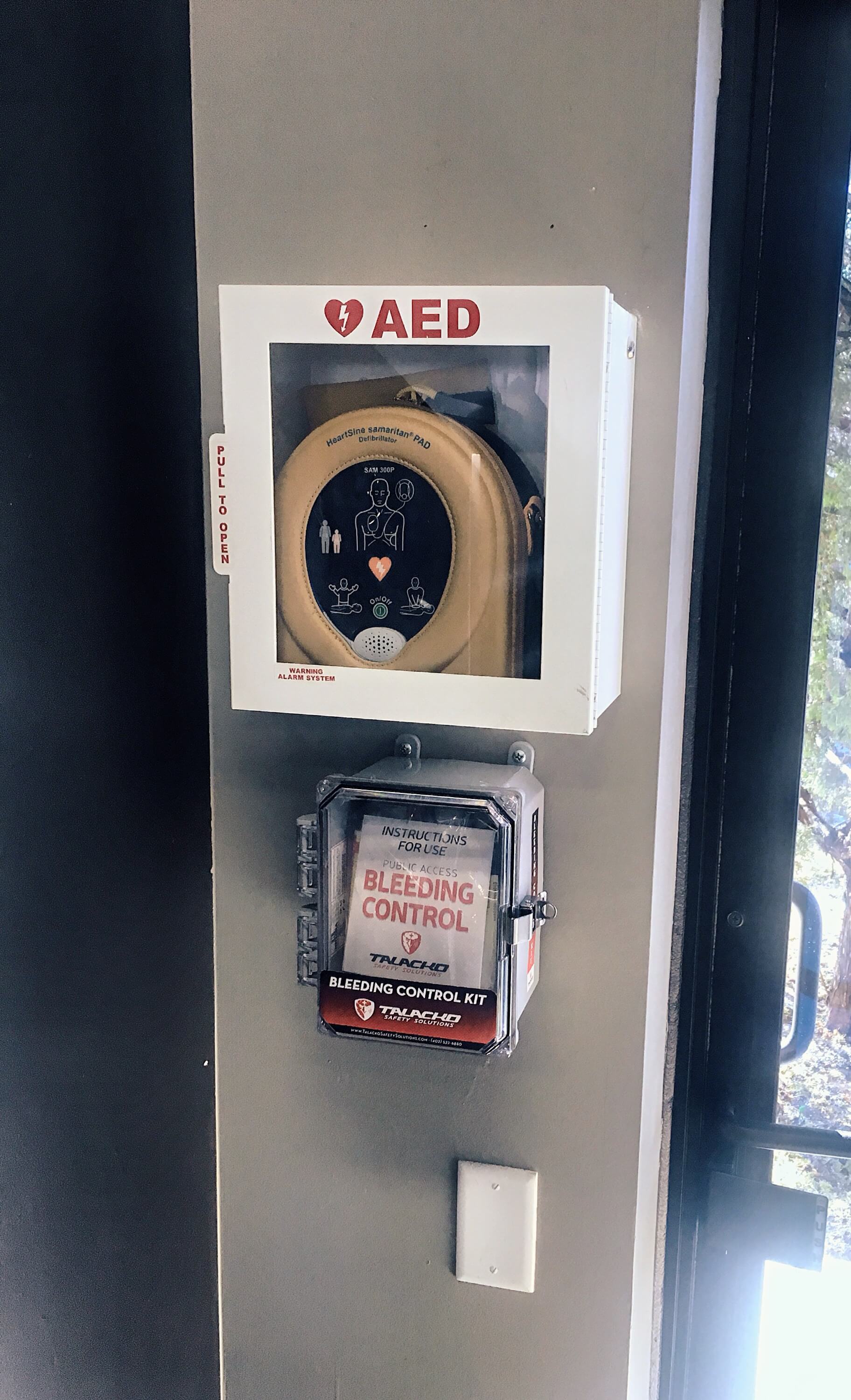 Public access bleeding control kits are often placed next to AED's in public facilities.