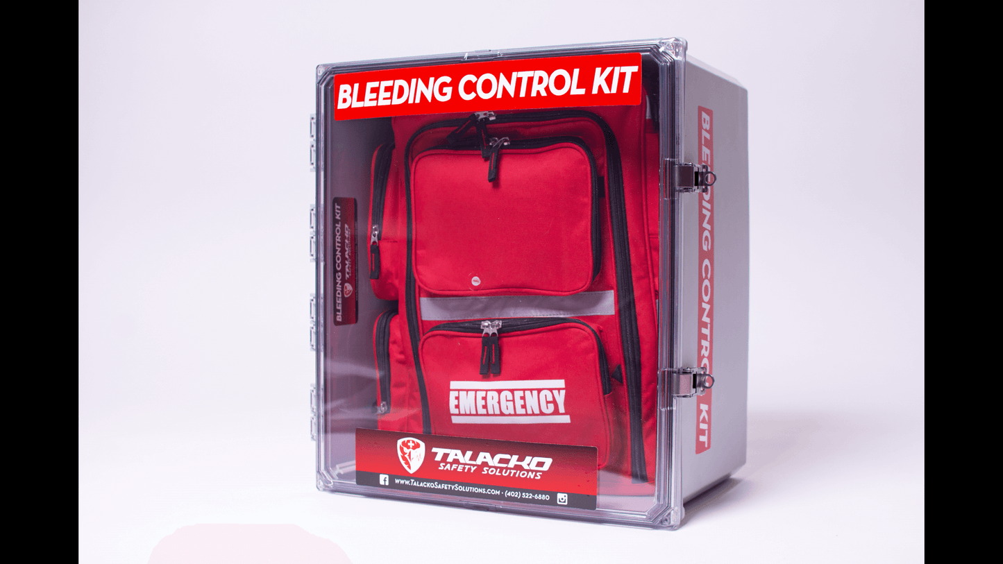 King Bleeding Control Station with tactical backpack, can hold anywhere from 1 to 18 individual bleeding control kits. (Standard is 8 but larger quantity can be custom ordered)