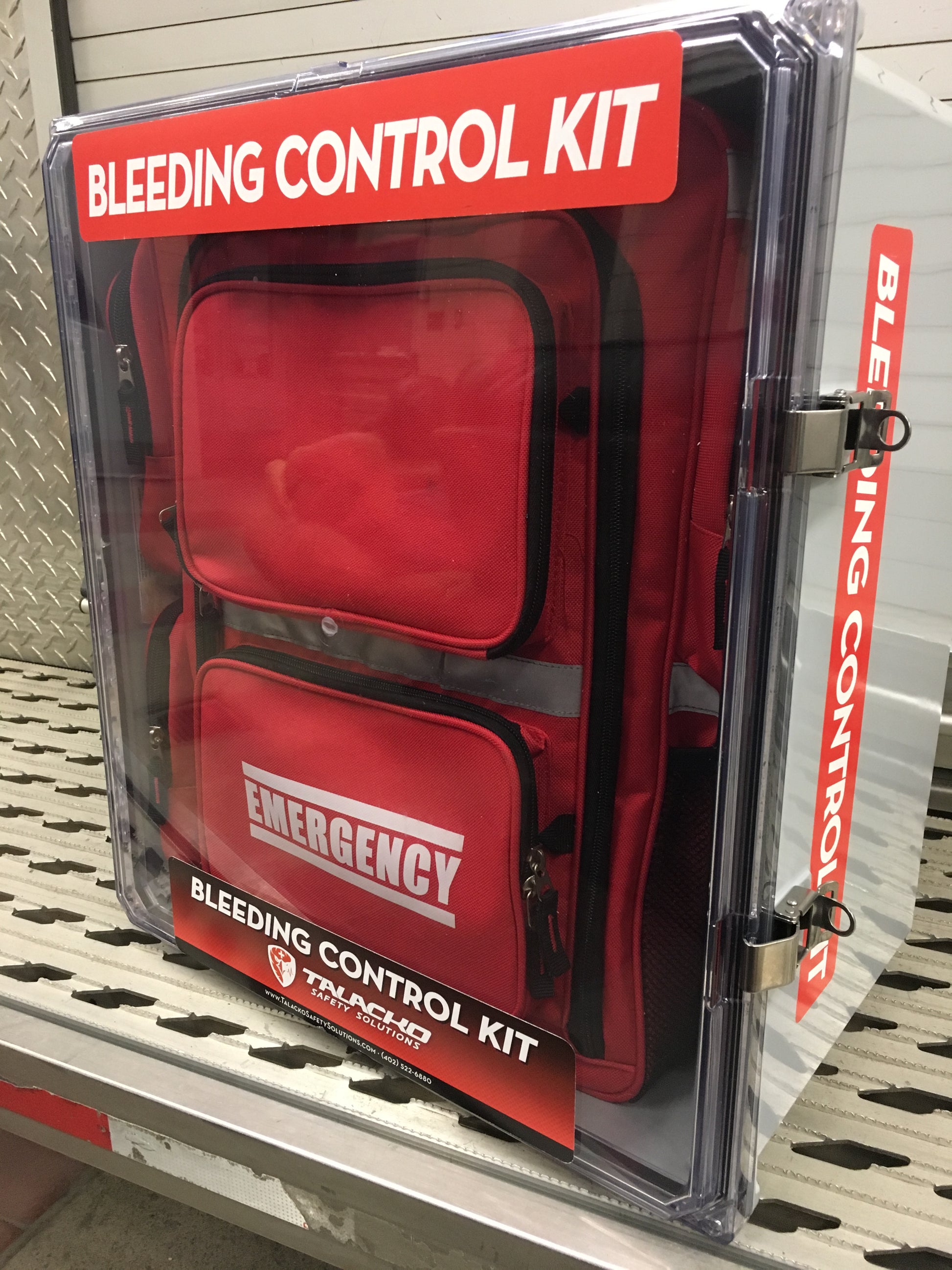 King Bleeding Control Station with tactical backpack, can hold anywhere from 1 to 21 individual bleeding control kits.