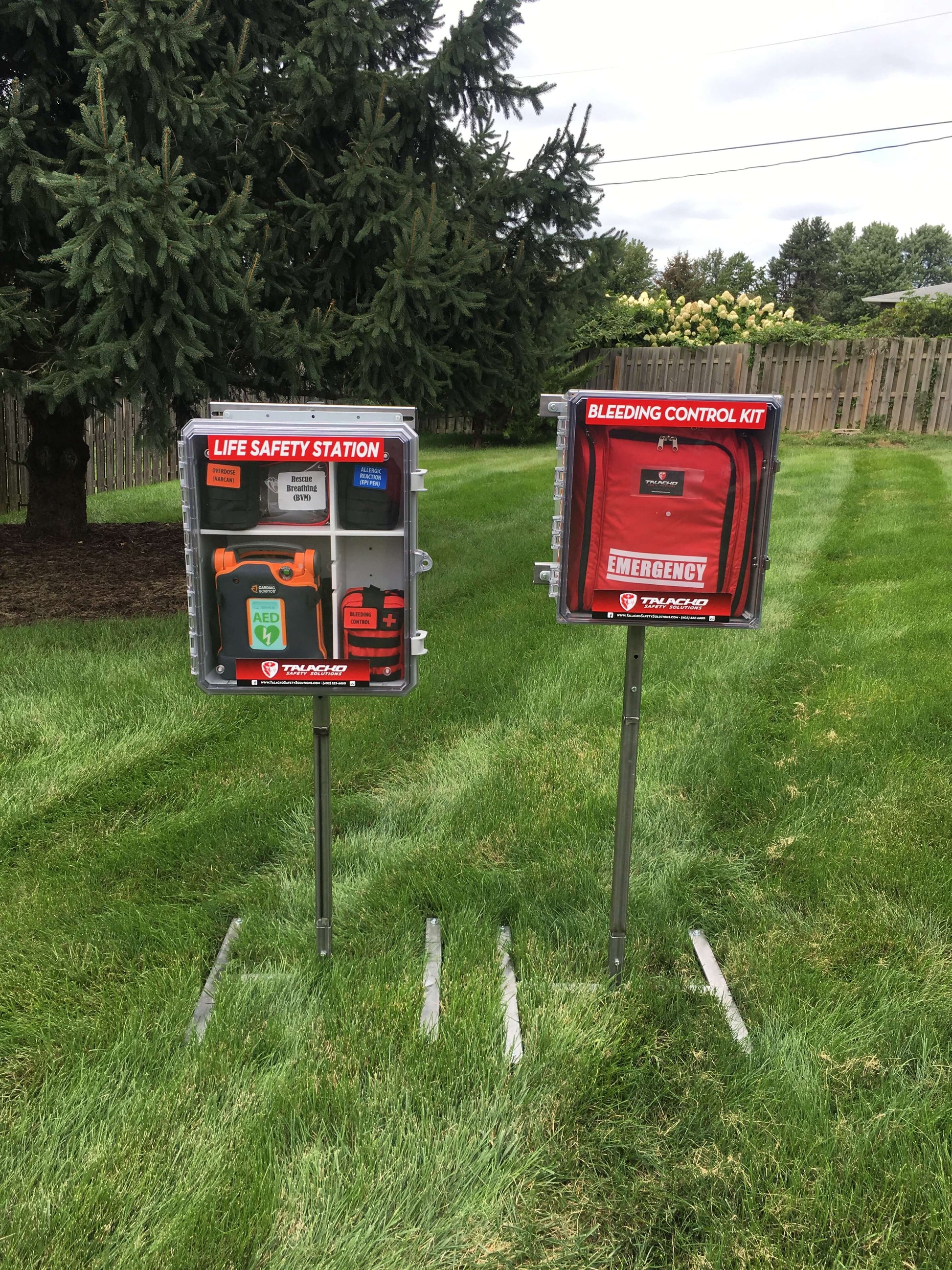 Emergency Equipment Platform by Talacko Safety Solutions is powder coated in Emergency red and allows our Life Safety Station and our King Bleeding Control Kit to be placed anywhere indoors or out. This is a perfect combination for your music festival, county fair or outdoor event.